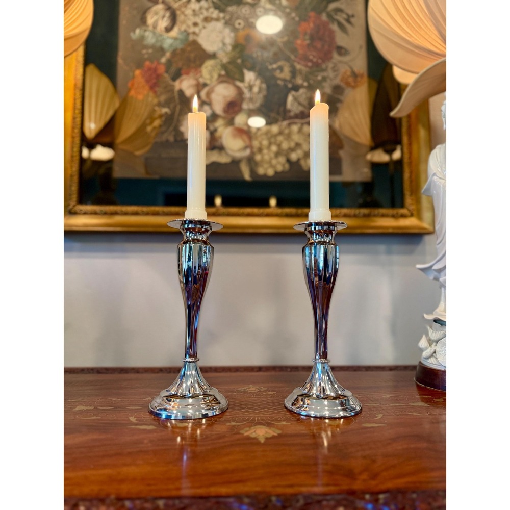 Bombay Silver Tone Candlestick Holders • Set of 2 Fluted Taper Candle Holders - Picture 4 of 16